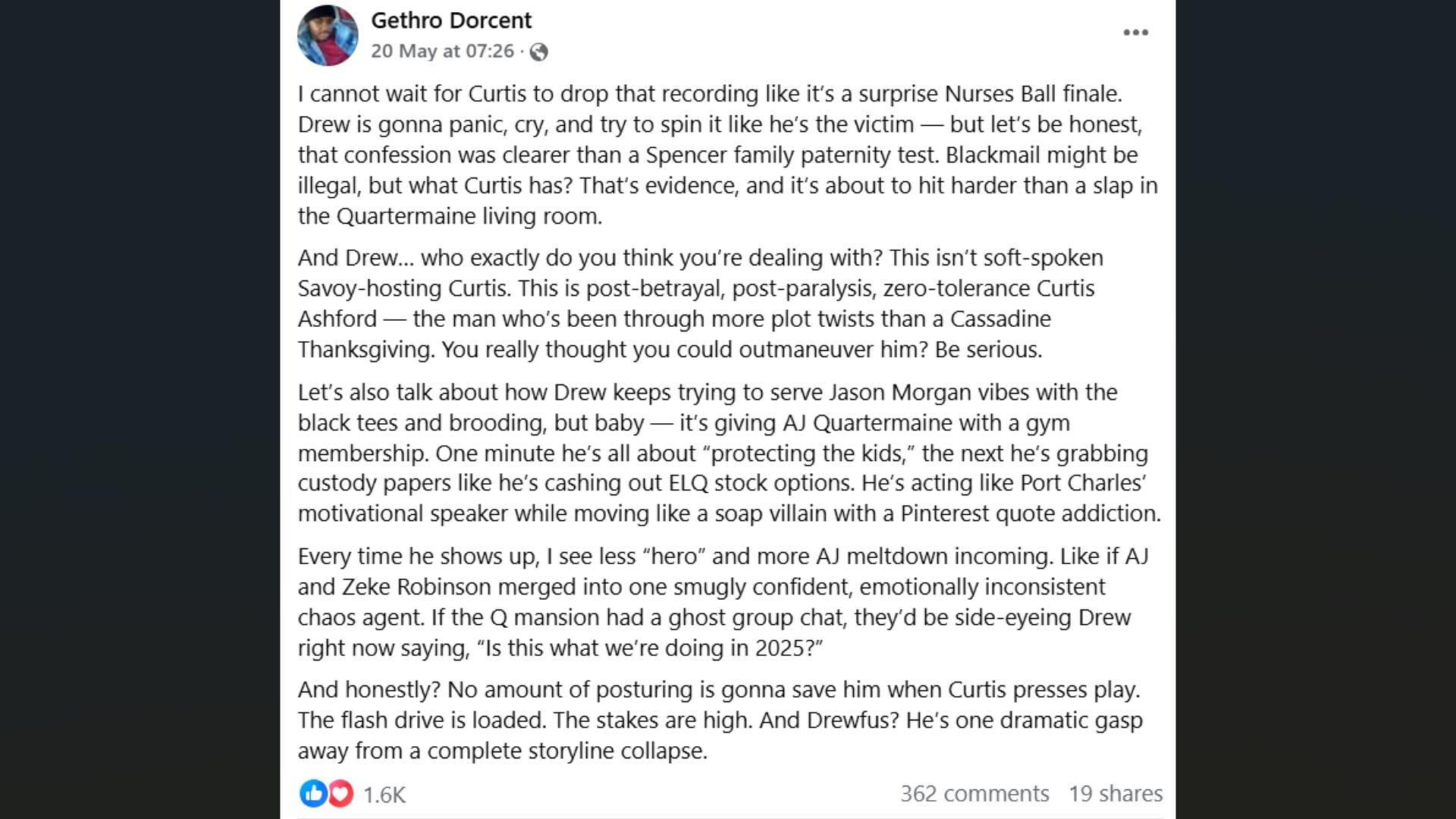 A Facebook post about Drew's downfall (Image via Facebook/General Hospital Fans - Official)